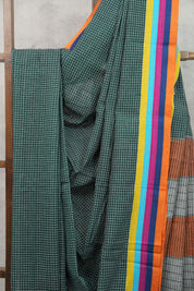 Green Big Checks Cotton Patteda Anchu Saree-SRGCPAS148
