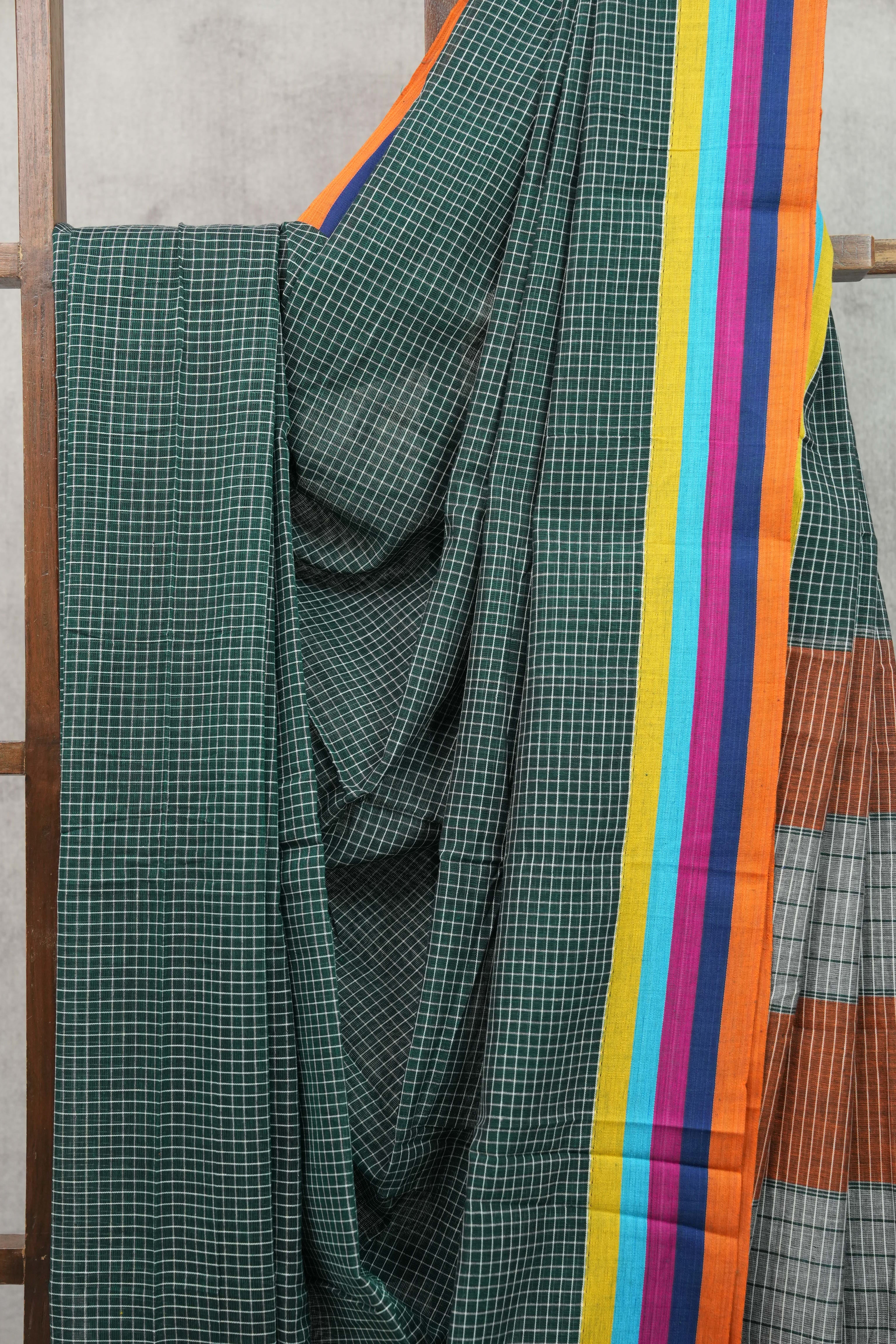 Green Big Checks Cotton Patteda Anchu Saree-SRGCPAS148