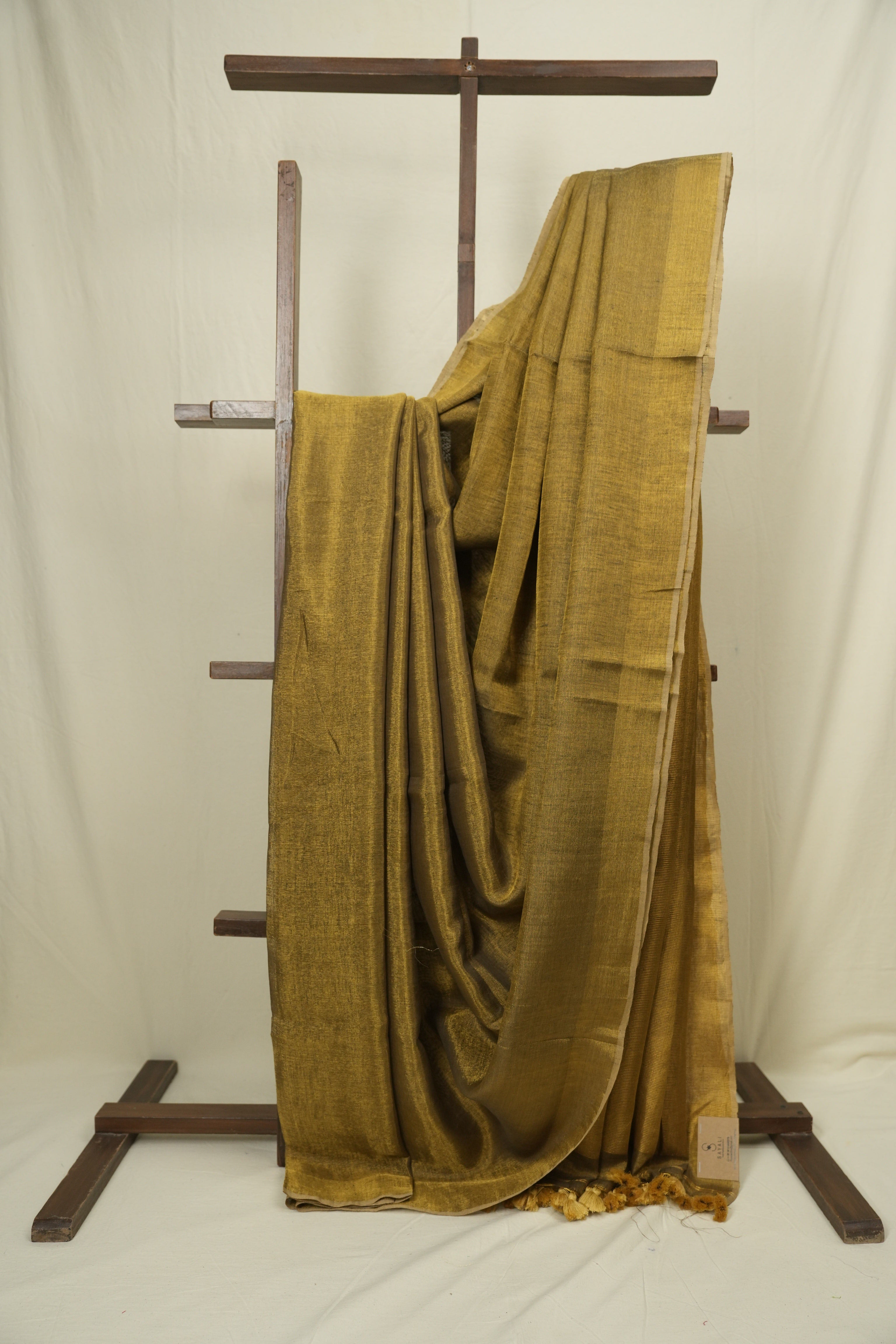 Golden Plain Tissue Linen Saree with Tassels - SRGPTLS310