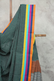 Green Big Checks Cotton Patteda Anchu Saree-SRGCPAS148