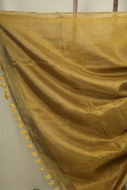 Golden Plain Tissue Linen Saree with Tassels - SRGPTLS310