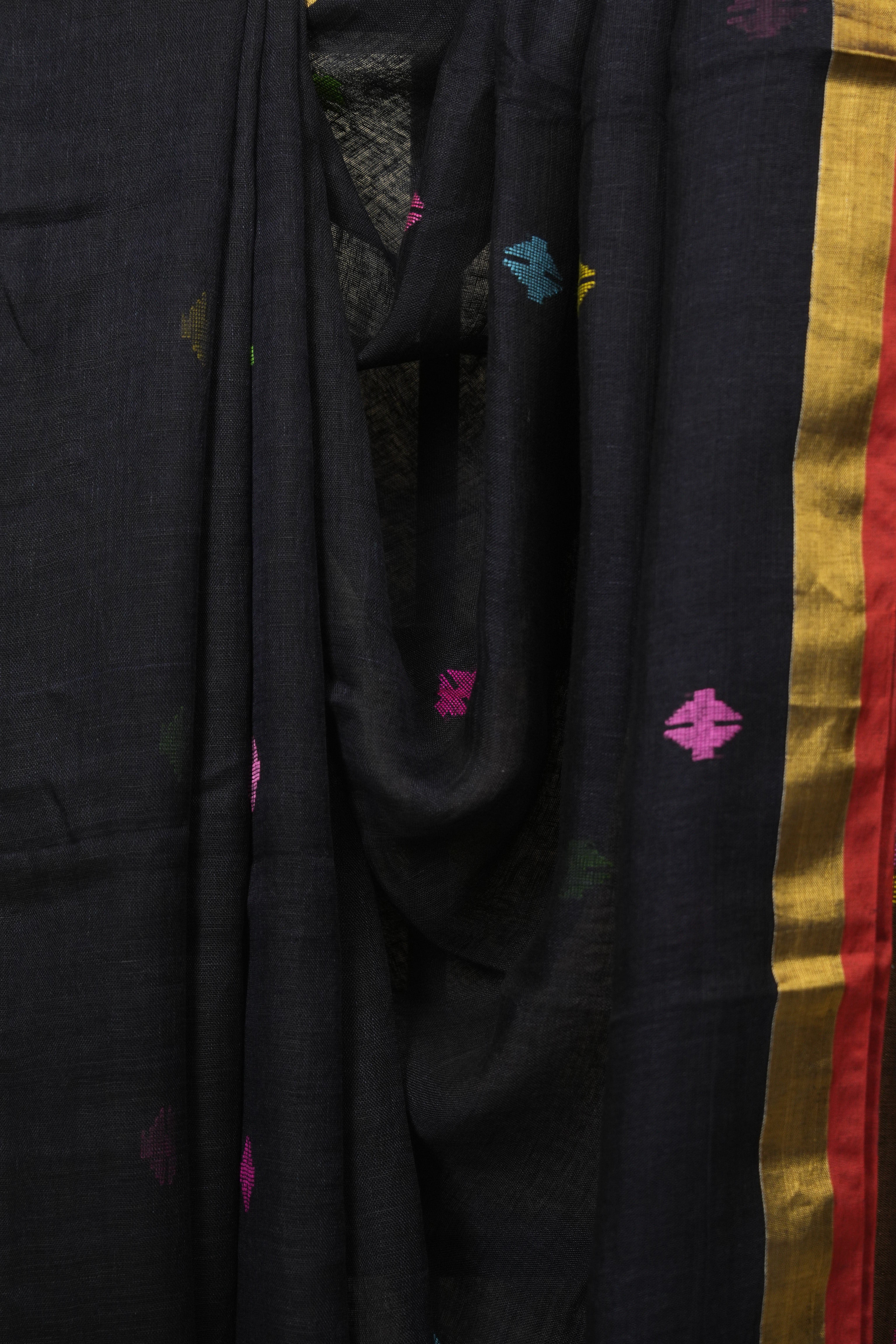 Black Linen Jamdani Saree - SRBLJS518