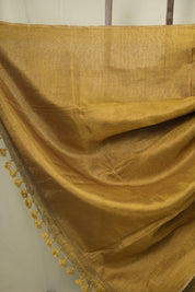 Golden Plain Tissue Linen Saree with Tassels - SRGPTLS310