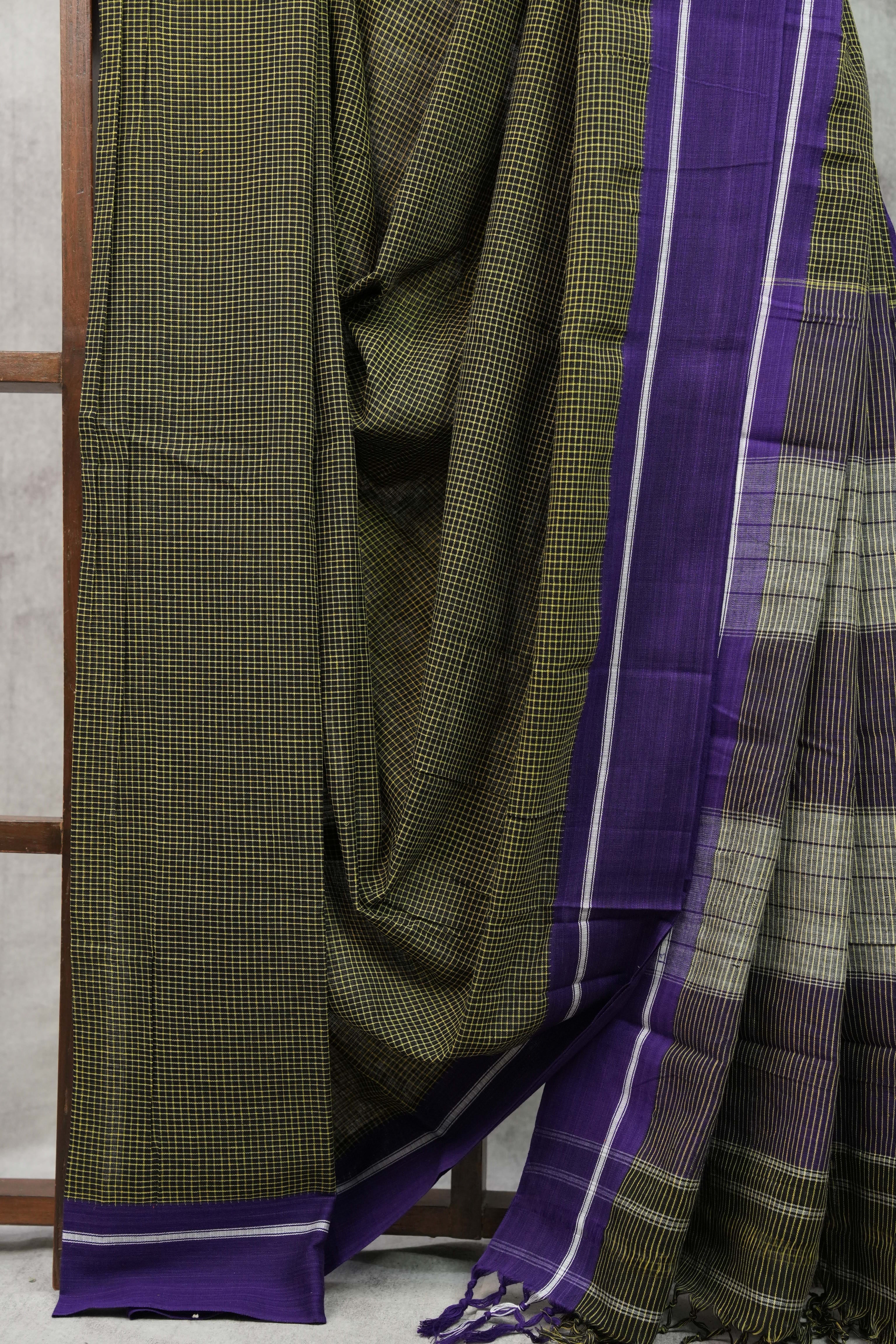 Black Small Checks Cotton Patteda Anchu Saree-SRBCPAS143