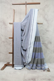 Sky Blue Small Checks Cotton Patteda Anchu Saree - SRSBPAS89