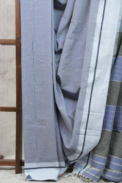 Sky Blue Small Checks Cotton Patteda Anchu Saree - SRSBPAS89