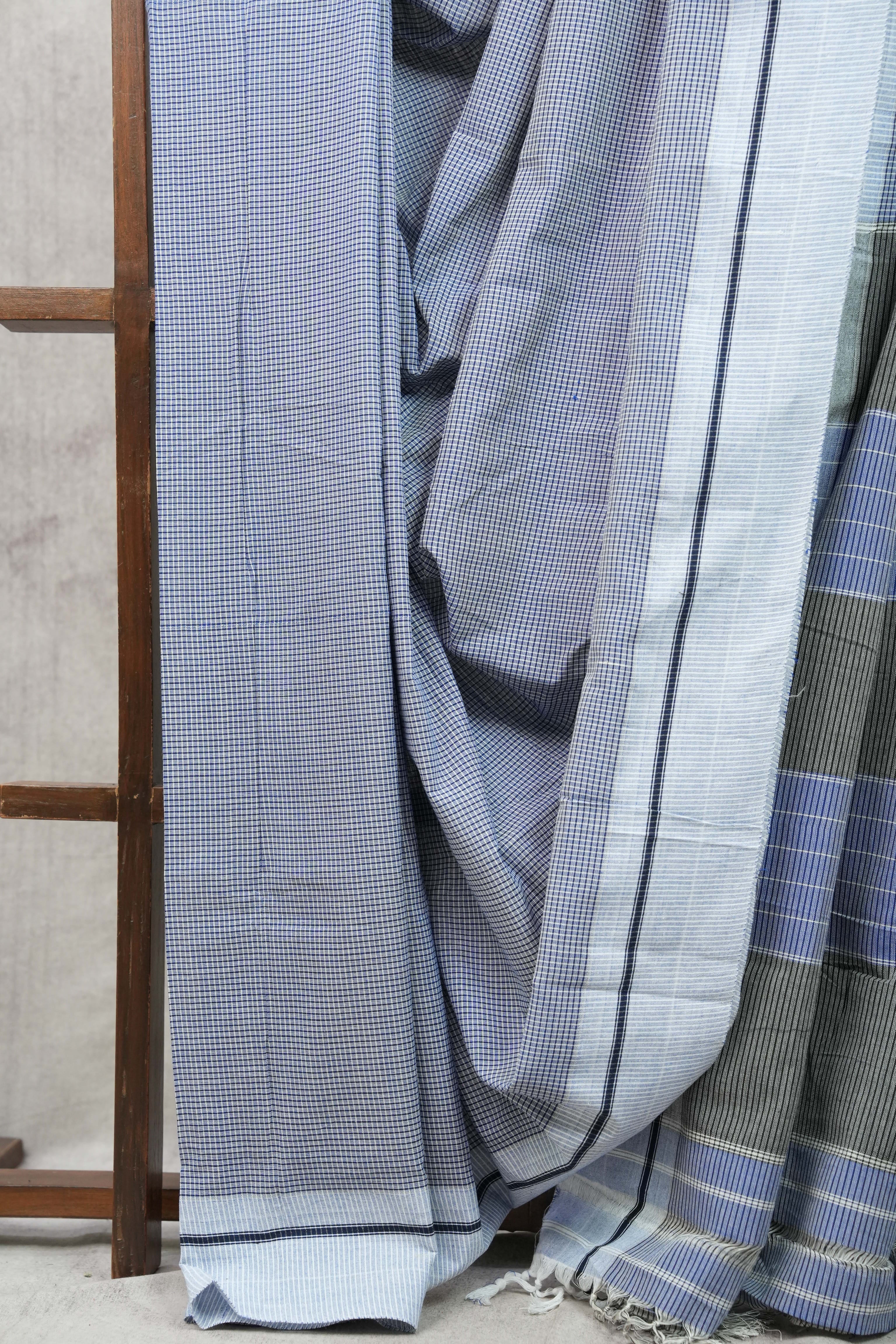 Sky Blue Small Checks Cotton Patteda Anchu Saree - SRSBPAS89