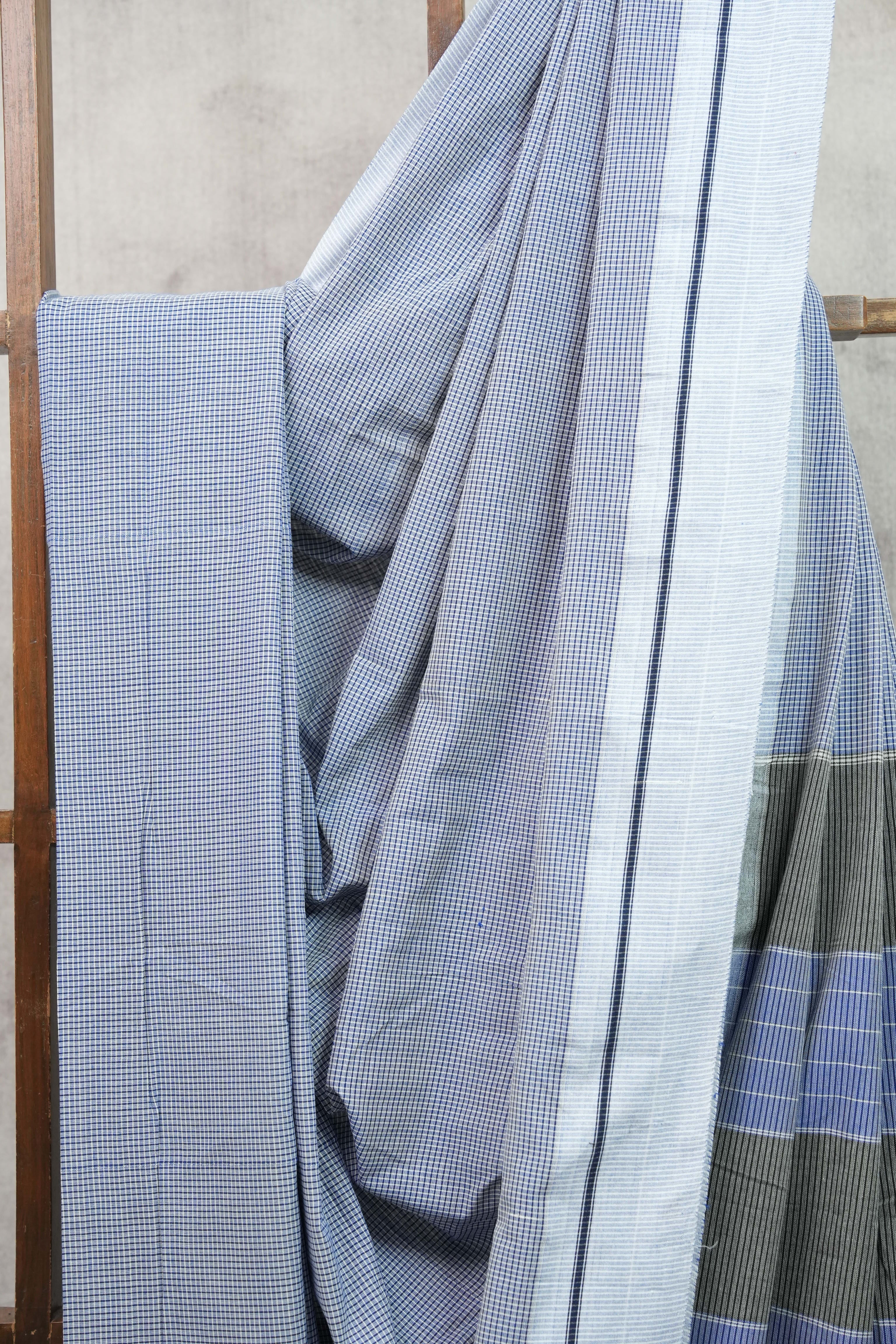 Sky Blue Small Checks Cotton Patteda Anchu Saree - SRSBPAS89