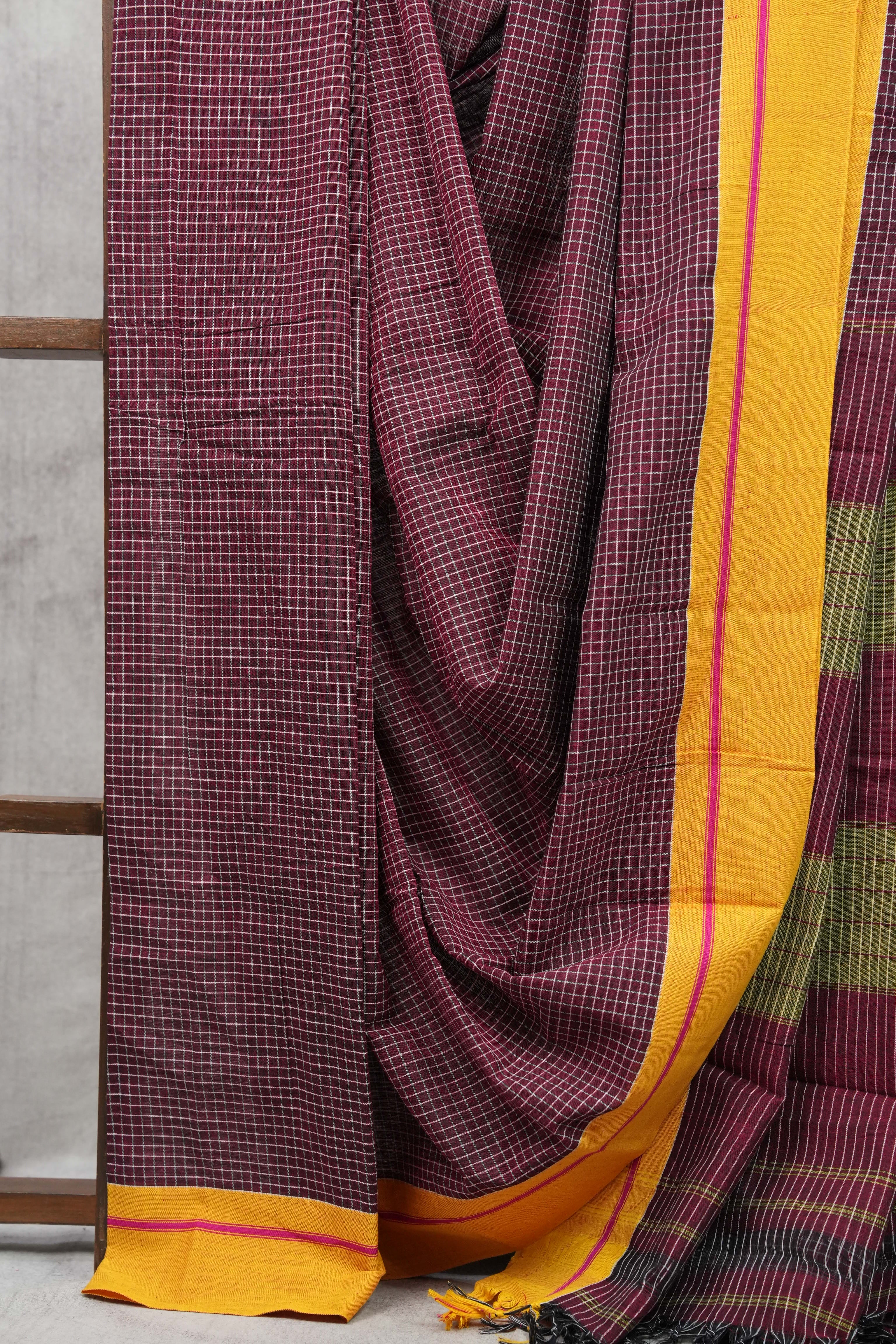 Maroon Big Cheks Cotton Patteda Anchu Saree - SRMPAS120