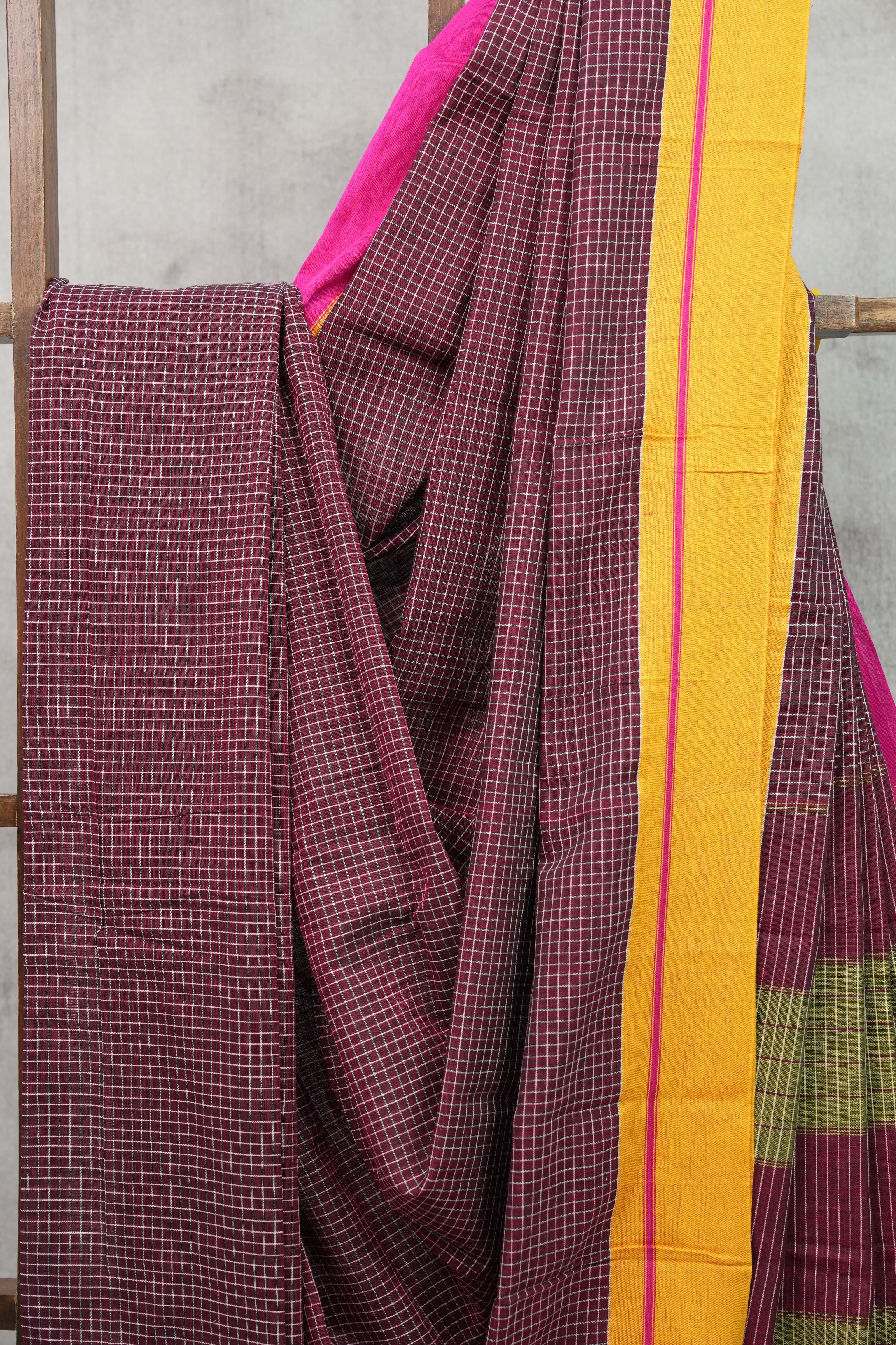 Maroon Big Cheks Cotton Patteda Anchu Saree - SRMPAS120