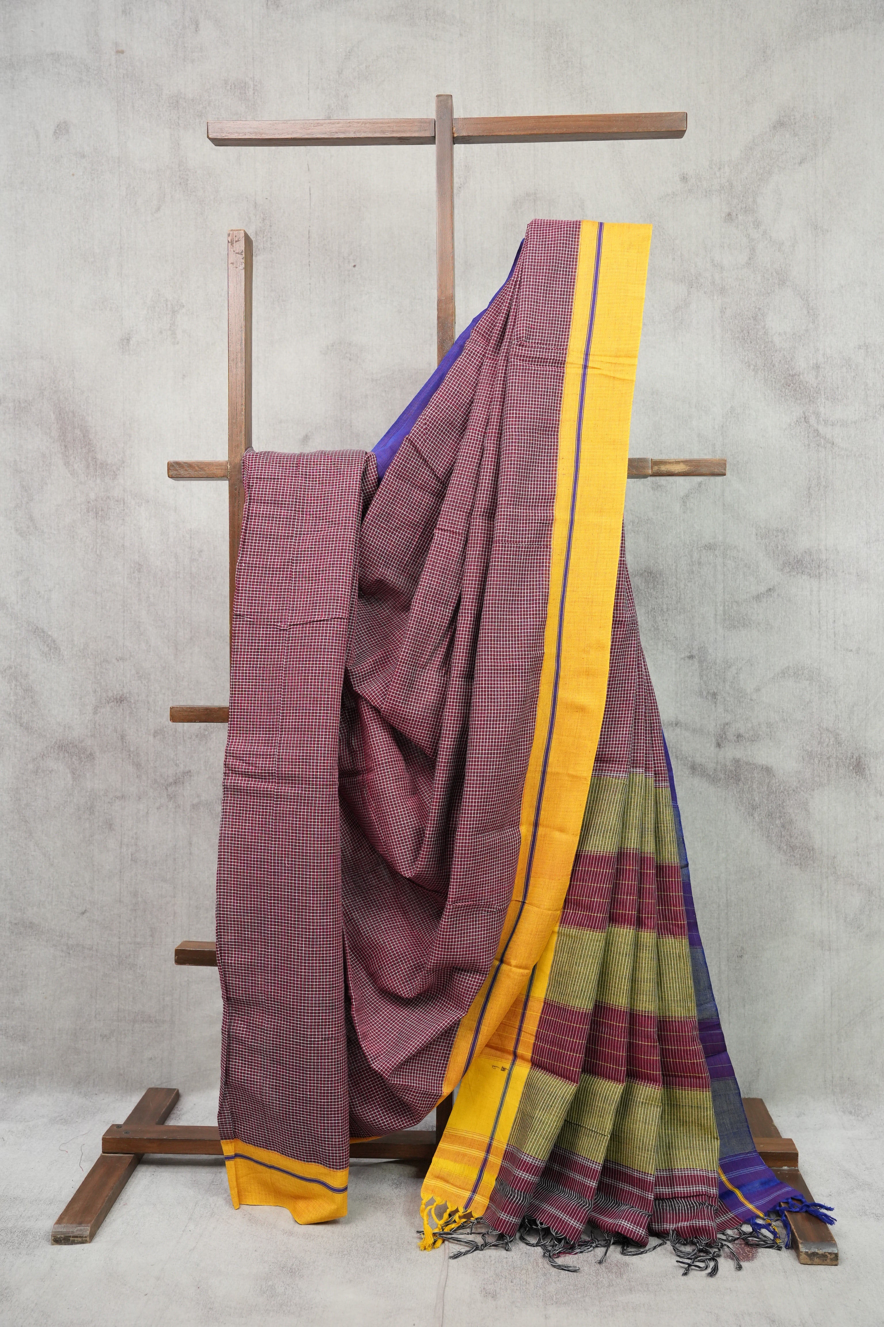 Maroon Small Checks Cotton Patteda Anchu Saree With Purple-Yellow Border -SRMPAS64