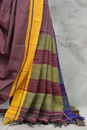 Maroon Small Checks Cotton Patteda Anchu Saree With Purple-Yellow Border -SRMPAS64