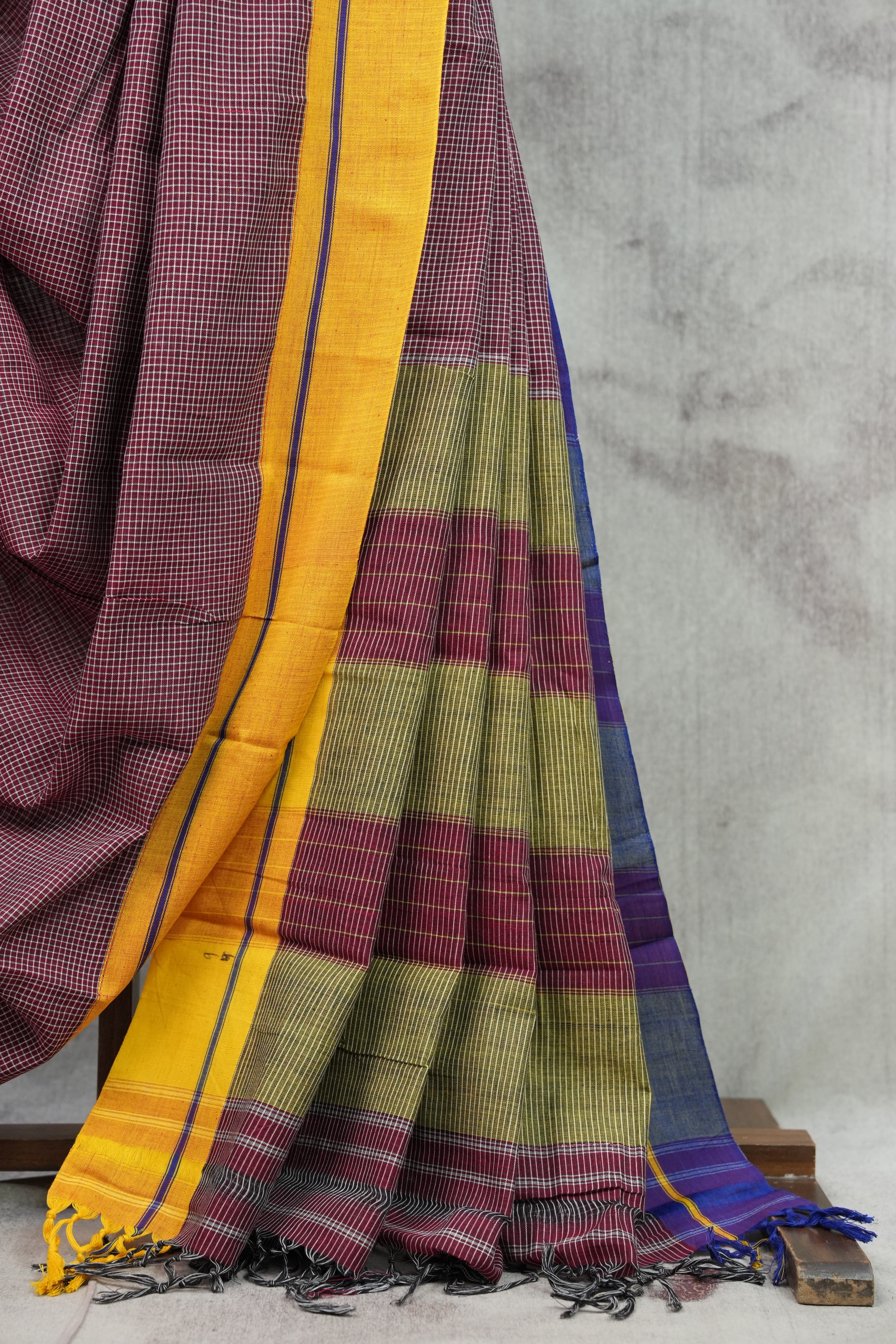 Maroon Small Checks Cotton Patteda Anchu Saree With Purple-Yellow Border -SRMPAS64