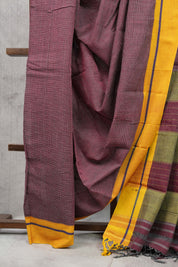 Maroon Small Checks Cotton Patteda Anchu Saree With Purple-Yellow Border -SRMPAS64