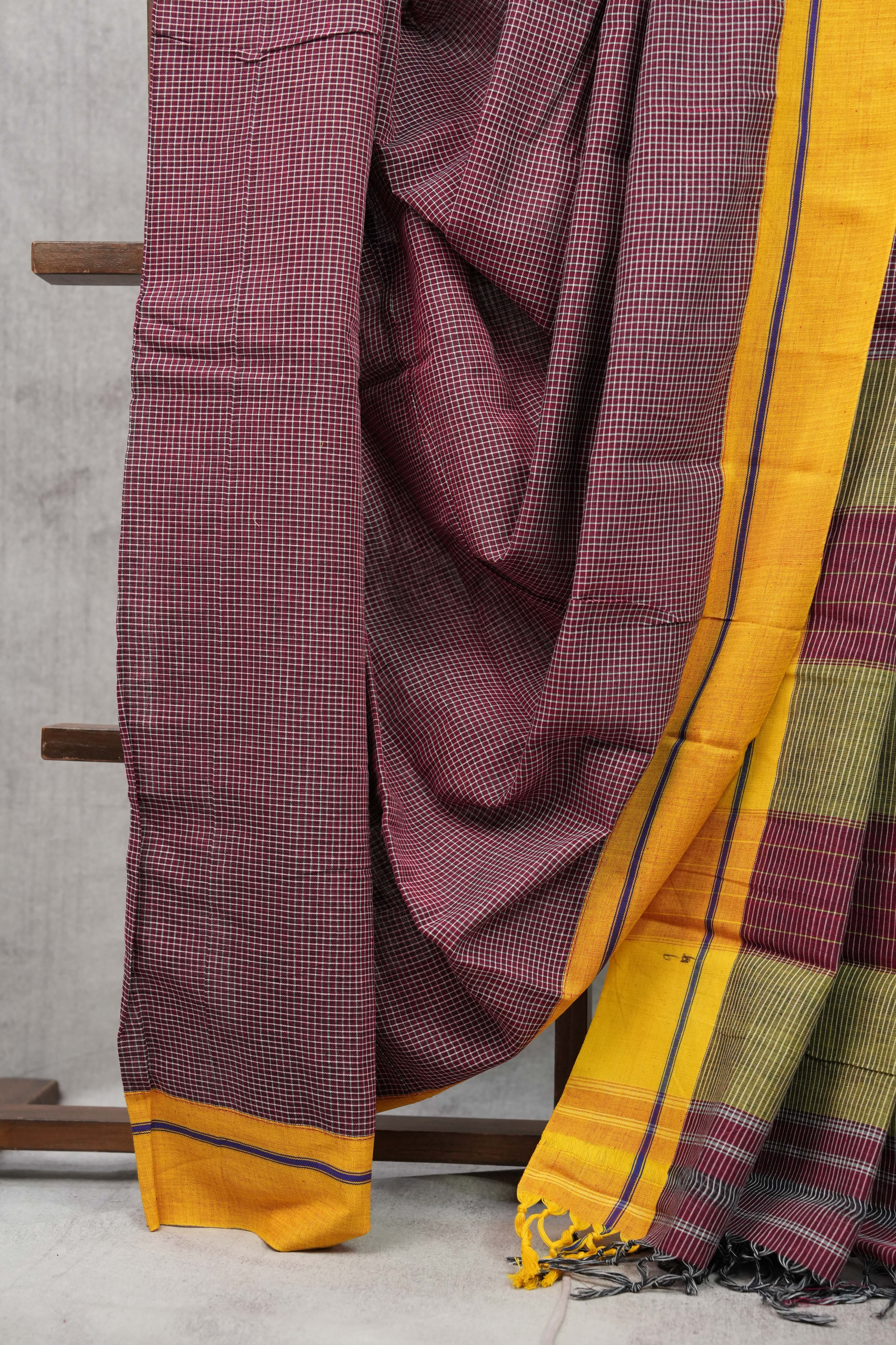 Maroon Small Checks Cotton Patteda Anchu Saree With Purple-Yellow Border -SRMPAS64
