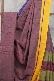 Maroon Small Checks Cotton Patteda Anchu Saree With Purple-Yellow Border -SRMPAS64