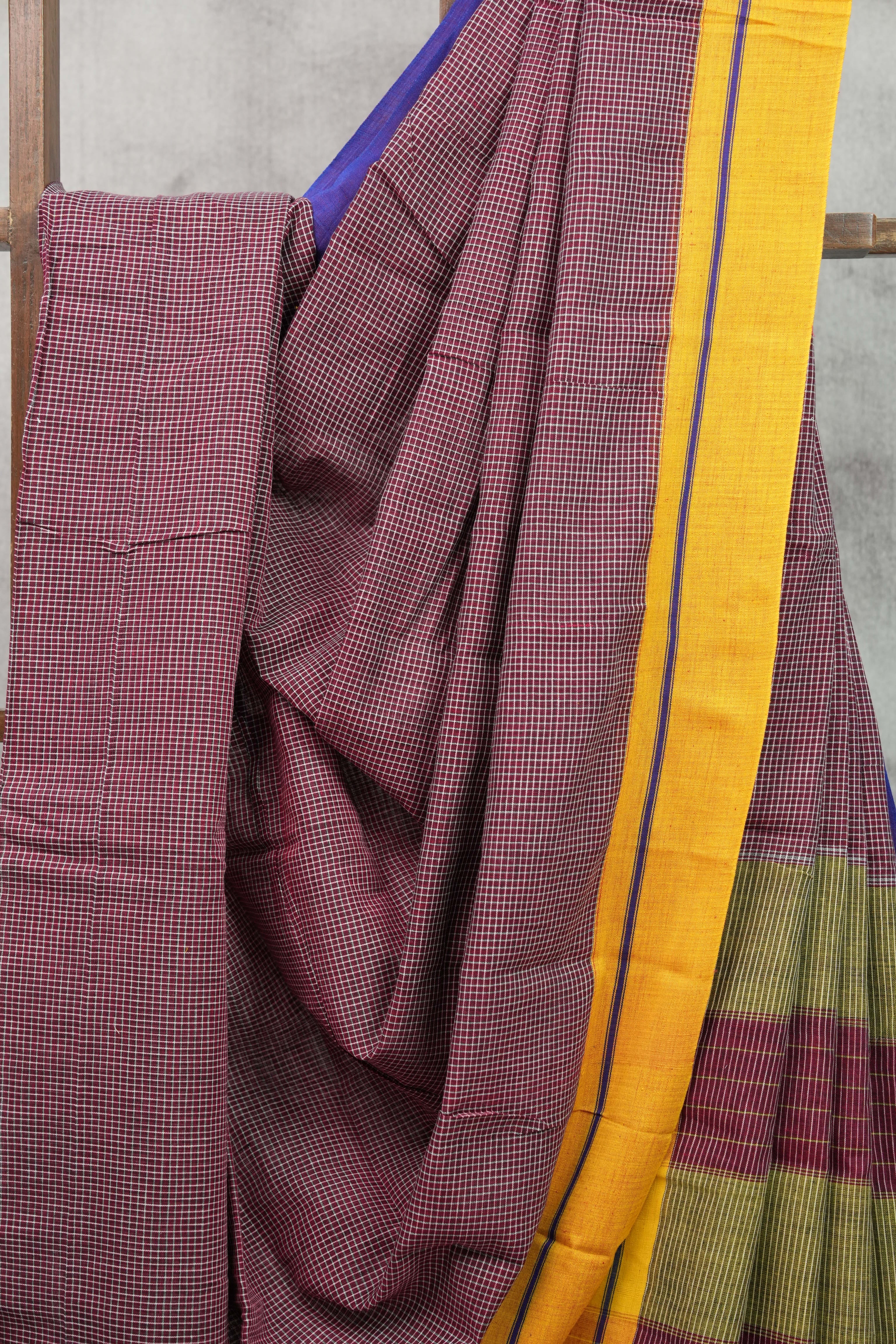 Maroon Small Checks Cotton Patteda Anchu Saree With Purple-Yellow Border -SRMPAS64