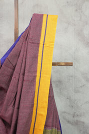 Maroon Small Checks Cotton Patteda Anchu Saree With Purple-Yellow Border -SRMPAS64