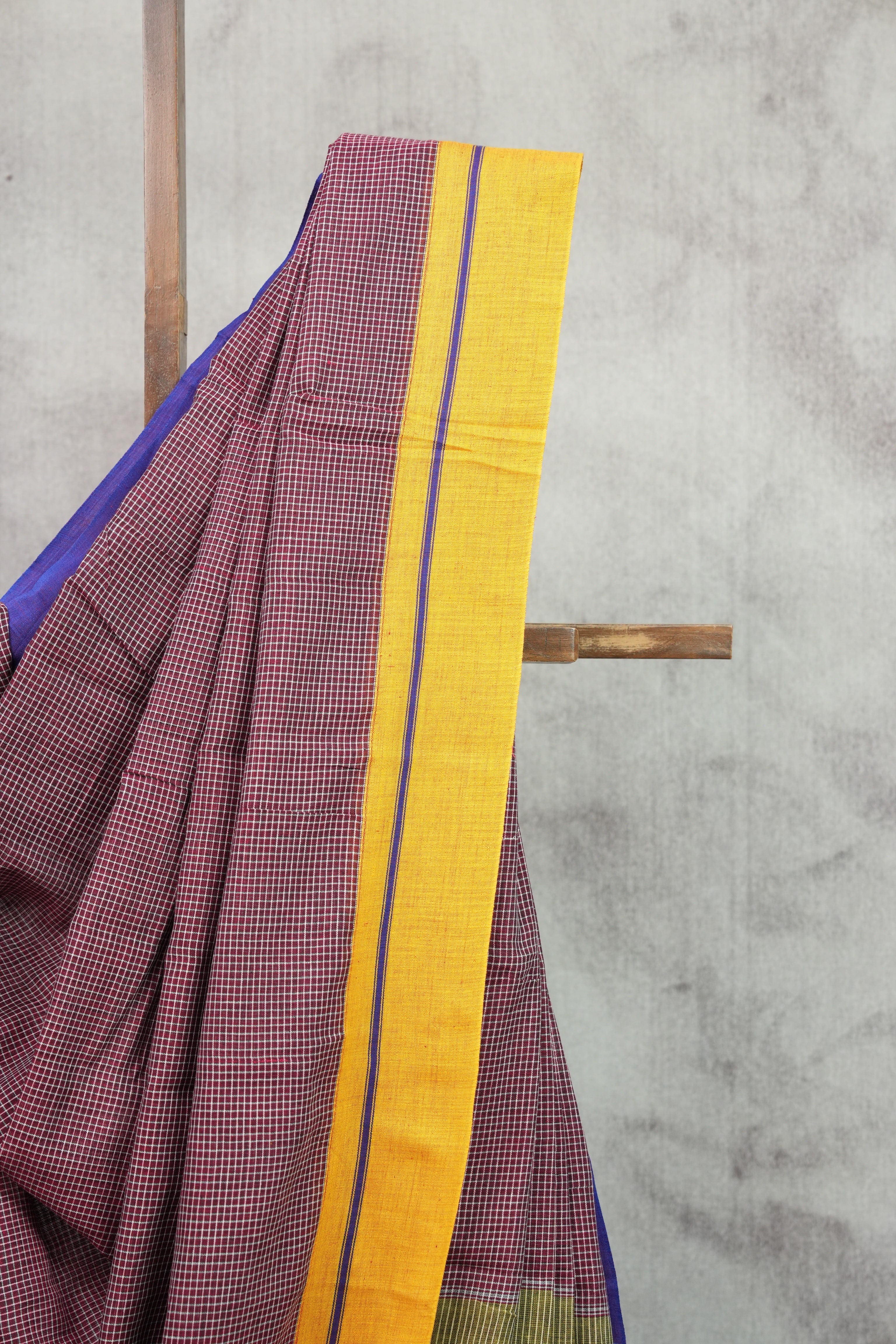 Maroon Small Checks Cotton Patteda Anchu Saree With Purple-Yellow Border -SRMPAS64