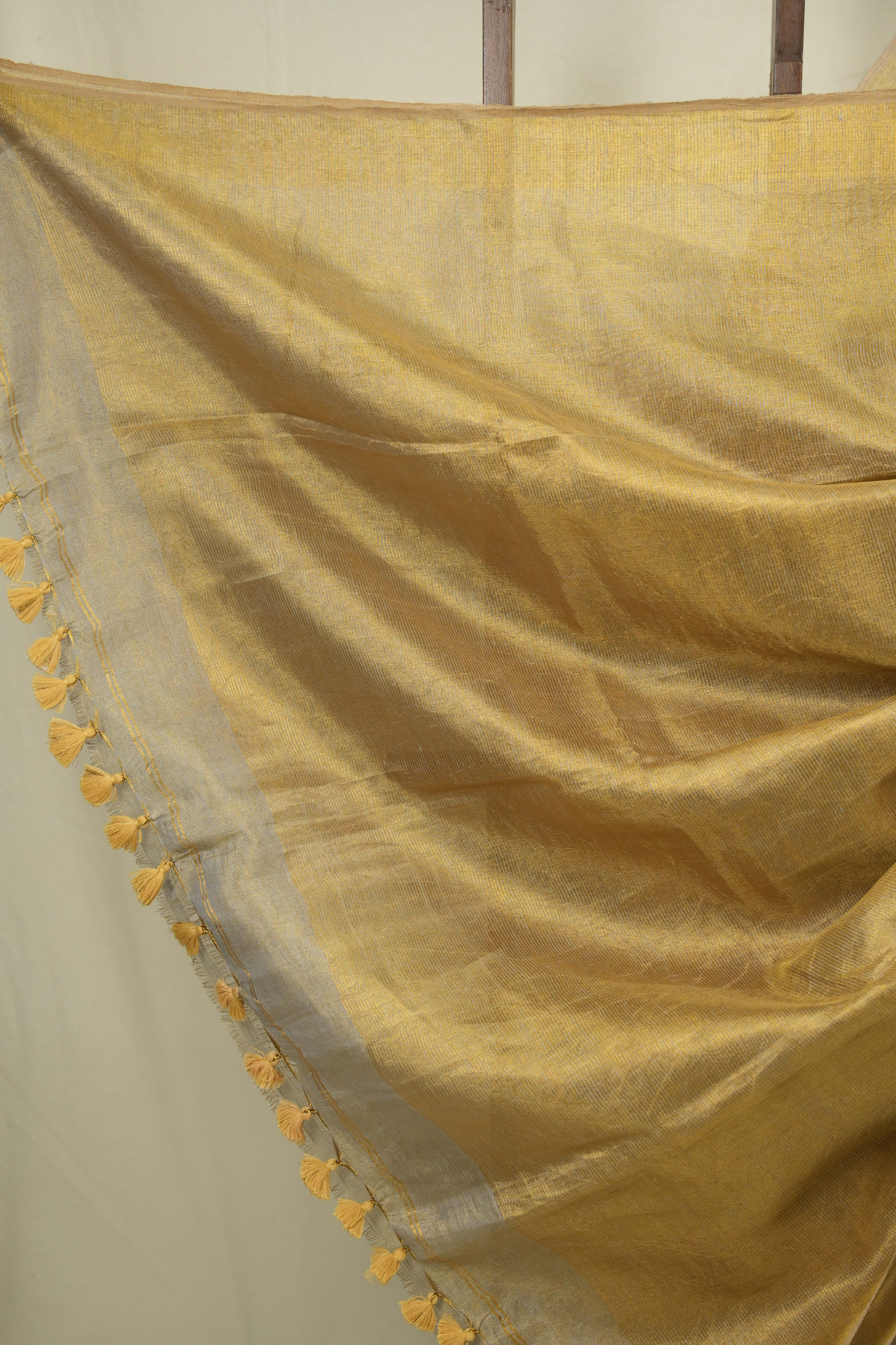 Grey Plain Tissue Linen Saree with Tassels - SRGPTLS311