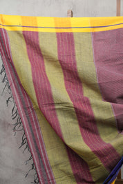 Maroon Small Checks Cotton Patteda Anchu Saree With Purple-Yellow Border -SRMPAS64