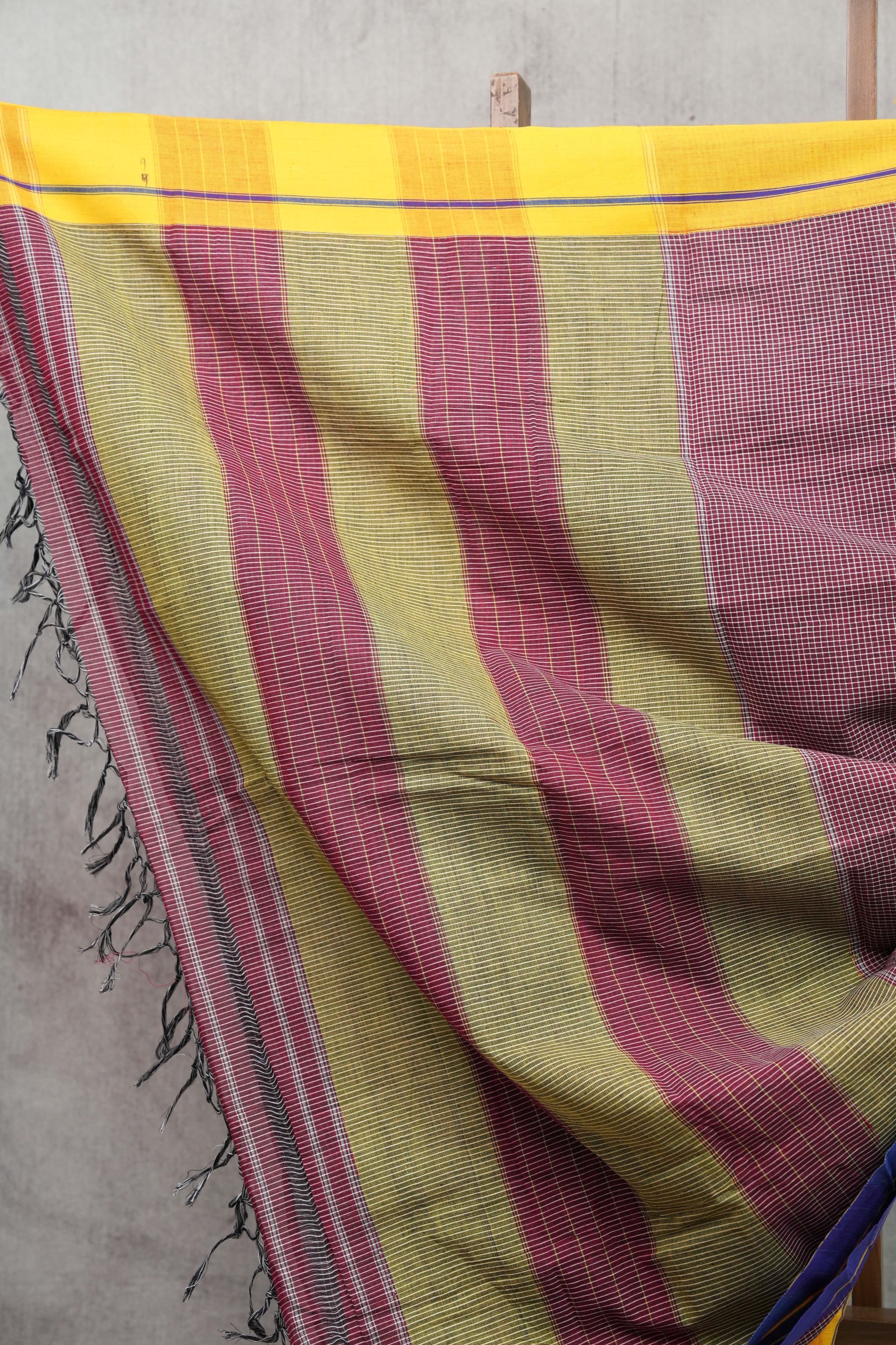 Maroon Small Checks Cotton Patteda Anchu Saree With Purple-Yellow Border -SRMPAS64