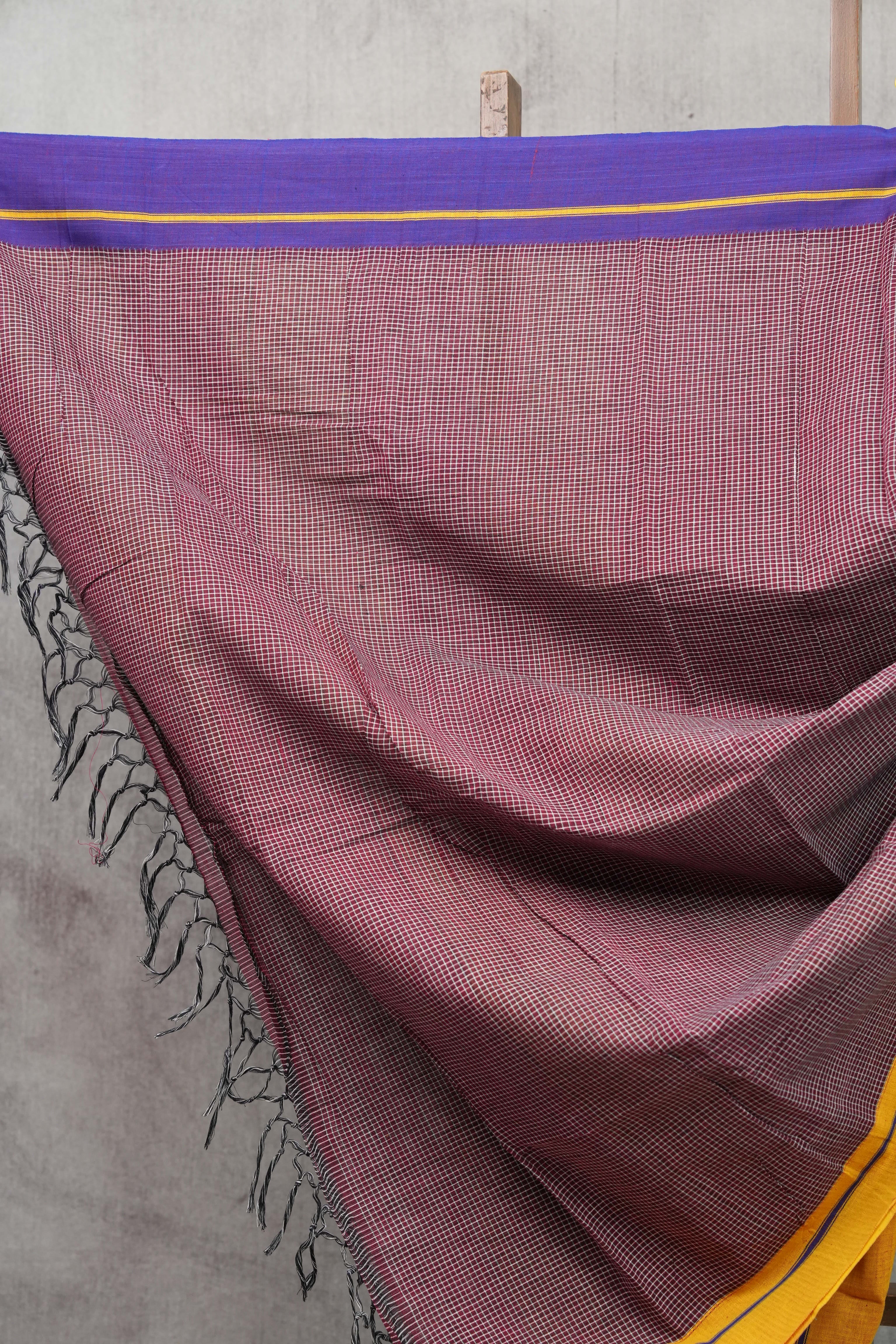 Maroon Small Checks Cotton Patteda Anchu Saree With Purple-Yellow Border -SRMPAS64