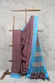 Maroon Small Checks Cotton Patteda Anchu Saree With Blue Border - SRMPAS52EX