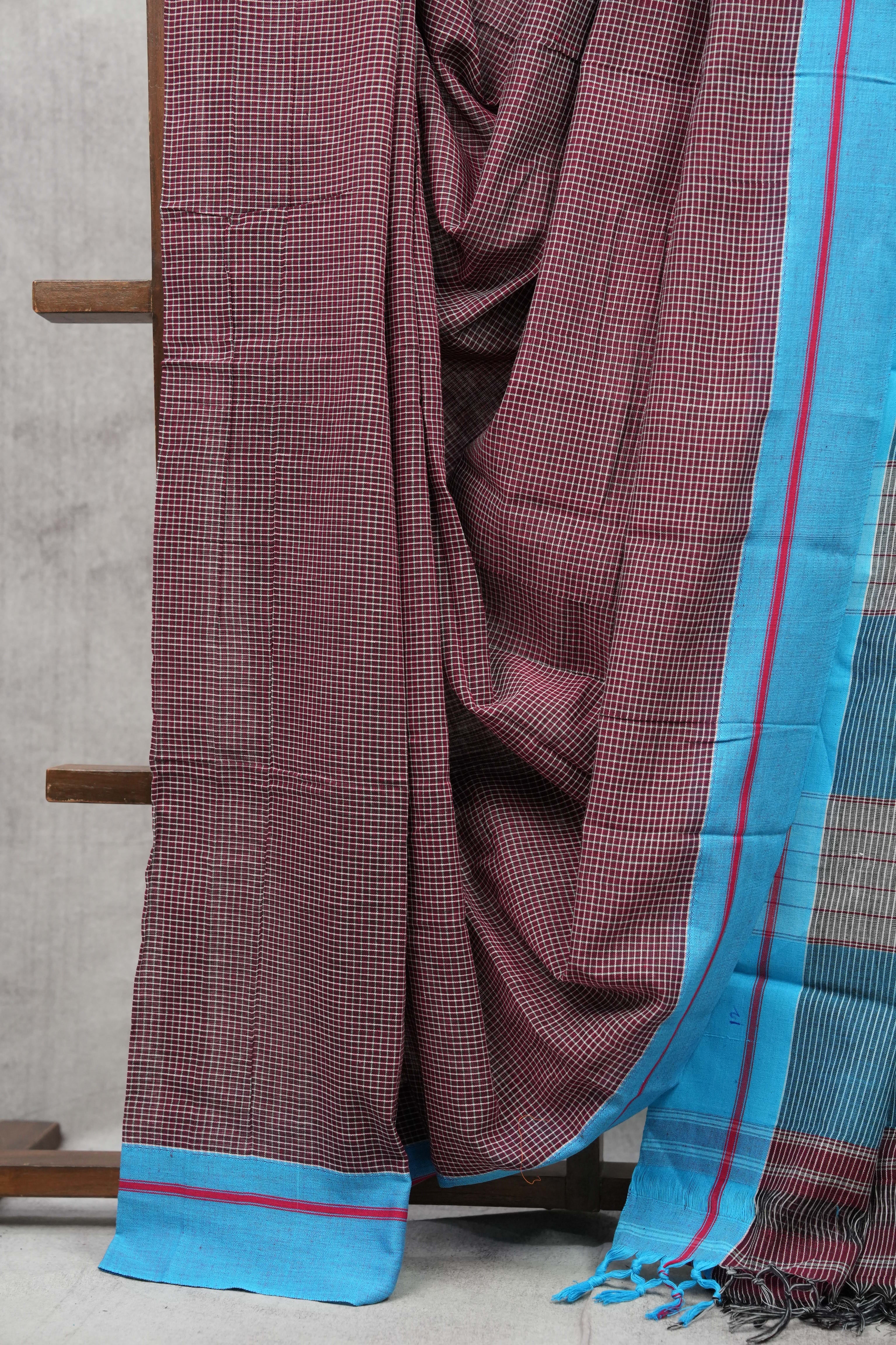 Maroon Small Checks Cotton Patteda Anchu Saree With Blue Border - SRMPAS52EX