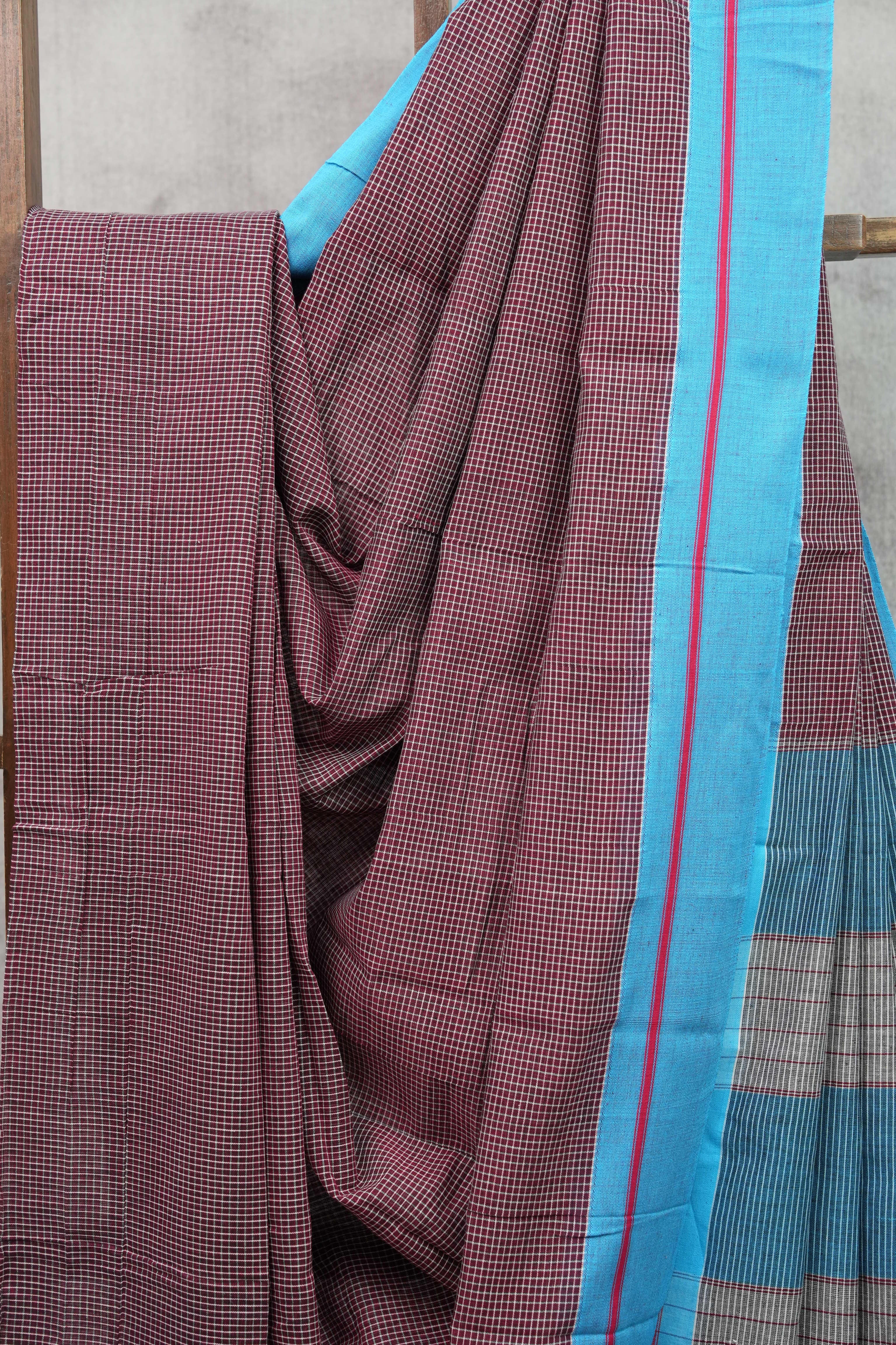 Maroon Small Checks Cotton Patteda Anchu Saree With Blue Border - SRMPAS52EX