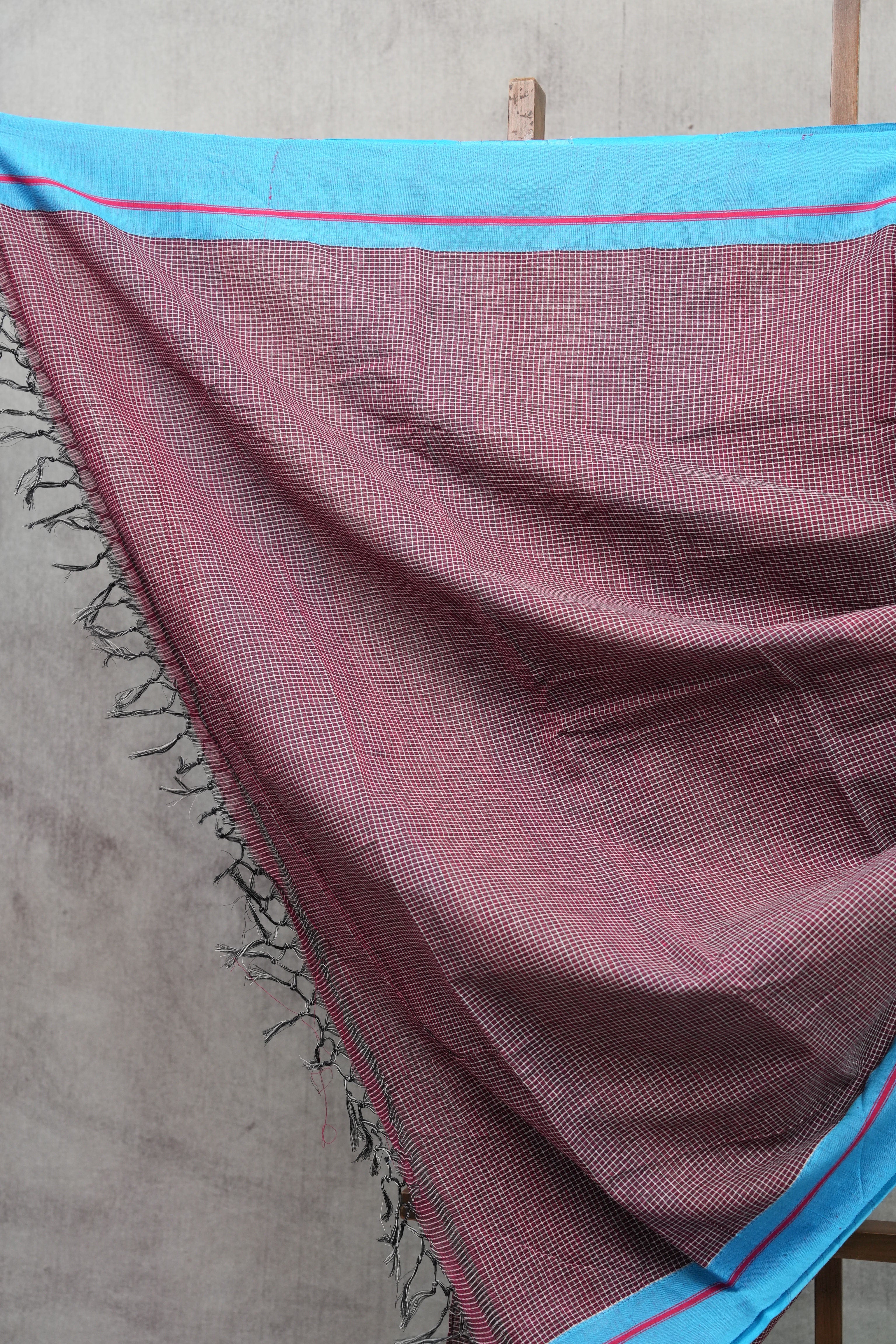 Maroon Small Checks Cotton Patteda Anchu Saree With Blue Border - SRMPAS52EX