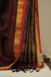 Maroon Linen Jamdani Saree - SRMLJS525