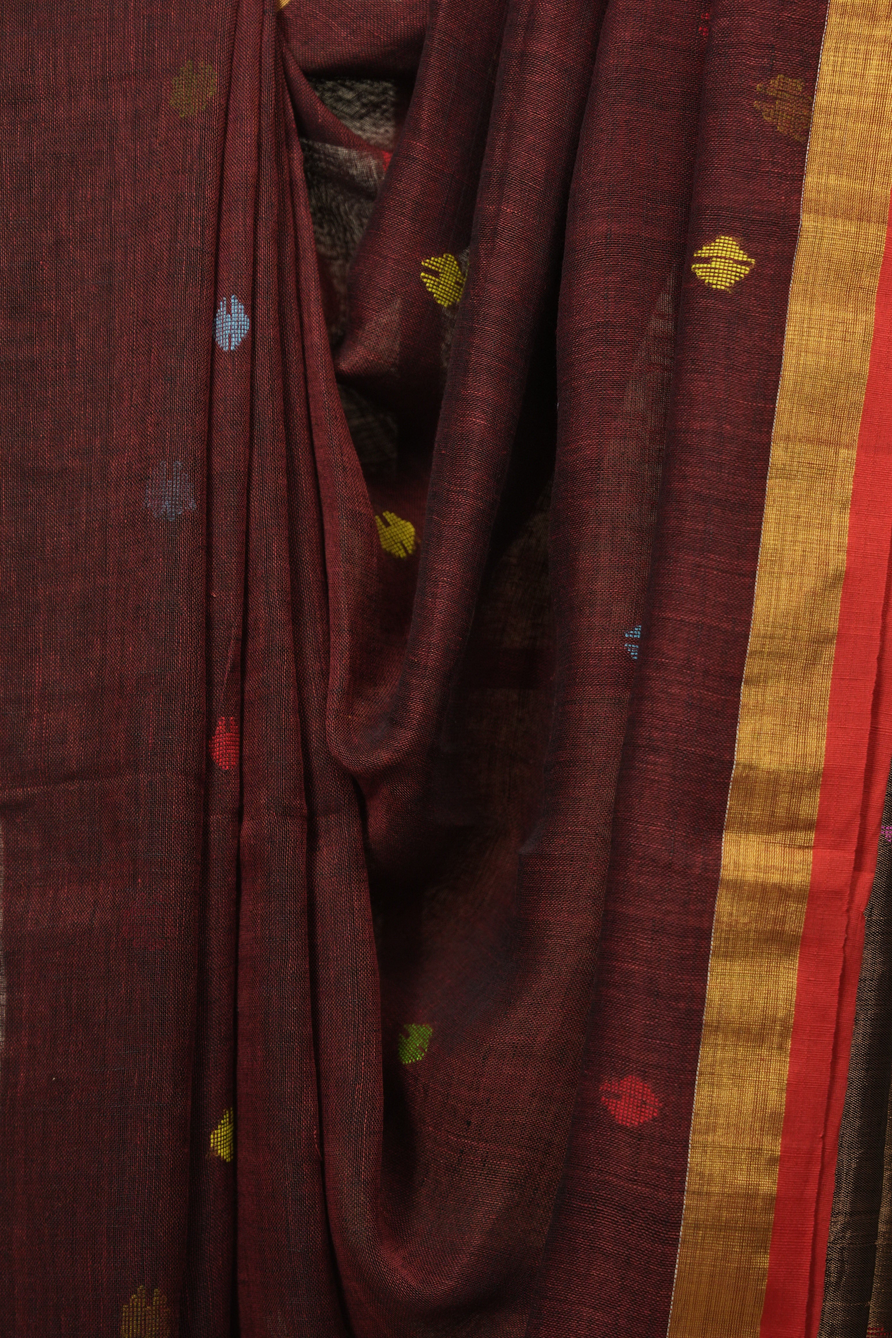 Maroon Linen Jamdani Saree - SRMLJS525
