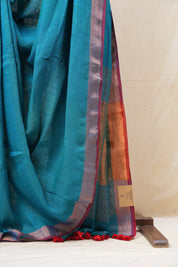 Teal Blue Plain Linen Saree With Green Tassels - SRTBPLS324