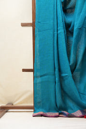 Teal Blue Plain Linen Saree With Green Tassels - SRTBPLS324