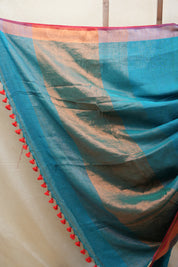 Teal Blue Plain Linen Saree With Green Tassels - SRTBPLS324