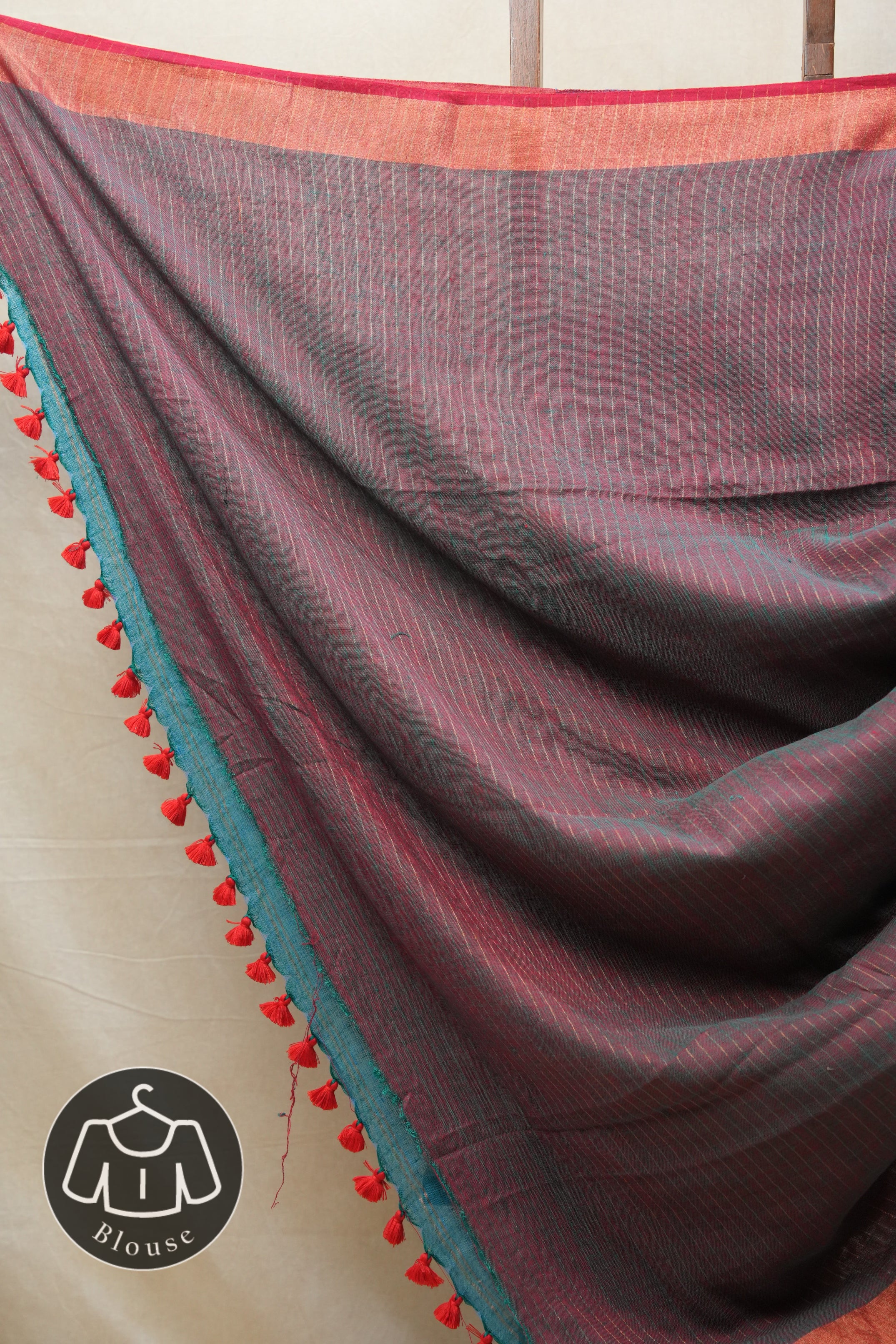 Teal Blue Plain Linen Saree With Green Tassels - SRTBPLS324