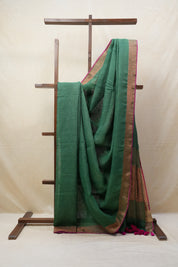 Green Plain Linen Saree With Pink Tassels - SRGPLS322