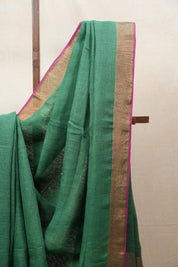 Green Plain Linen Saree With Pink Tassels - SRGPLS322