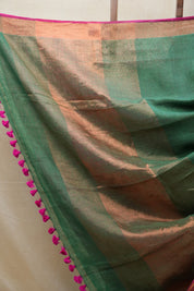 Green Plain Linen Saree With Pink Tassels - SRGPLS322