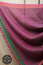 Green Plain Linen Saree With Pink Tassels - SRGPLS322