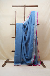 Blue Plain Linen Saree With Pink Tassels - SRBPLS320