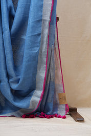 Blue Plain Linen Saree With Pink Tassels - SRBPLS320