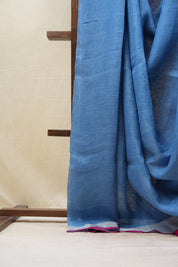 Blue Plain Linen Saree With Pink Tassels - SRBPLS320