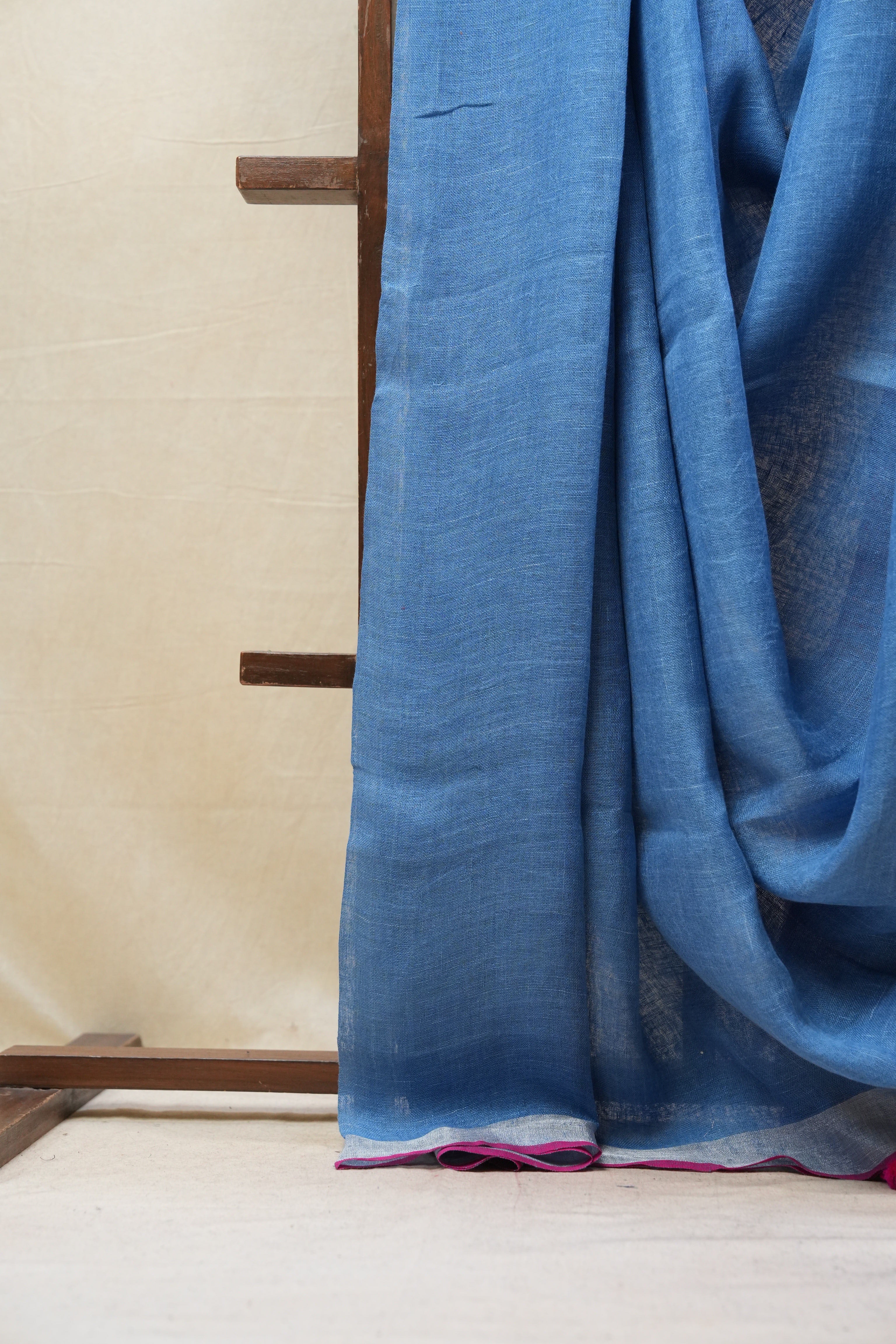 Blue Plain Linen Saree With Pink Tassels - SRBPLS320