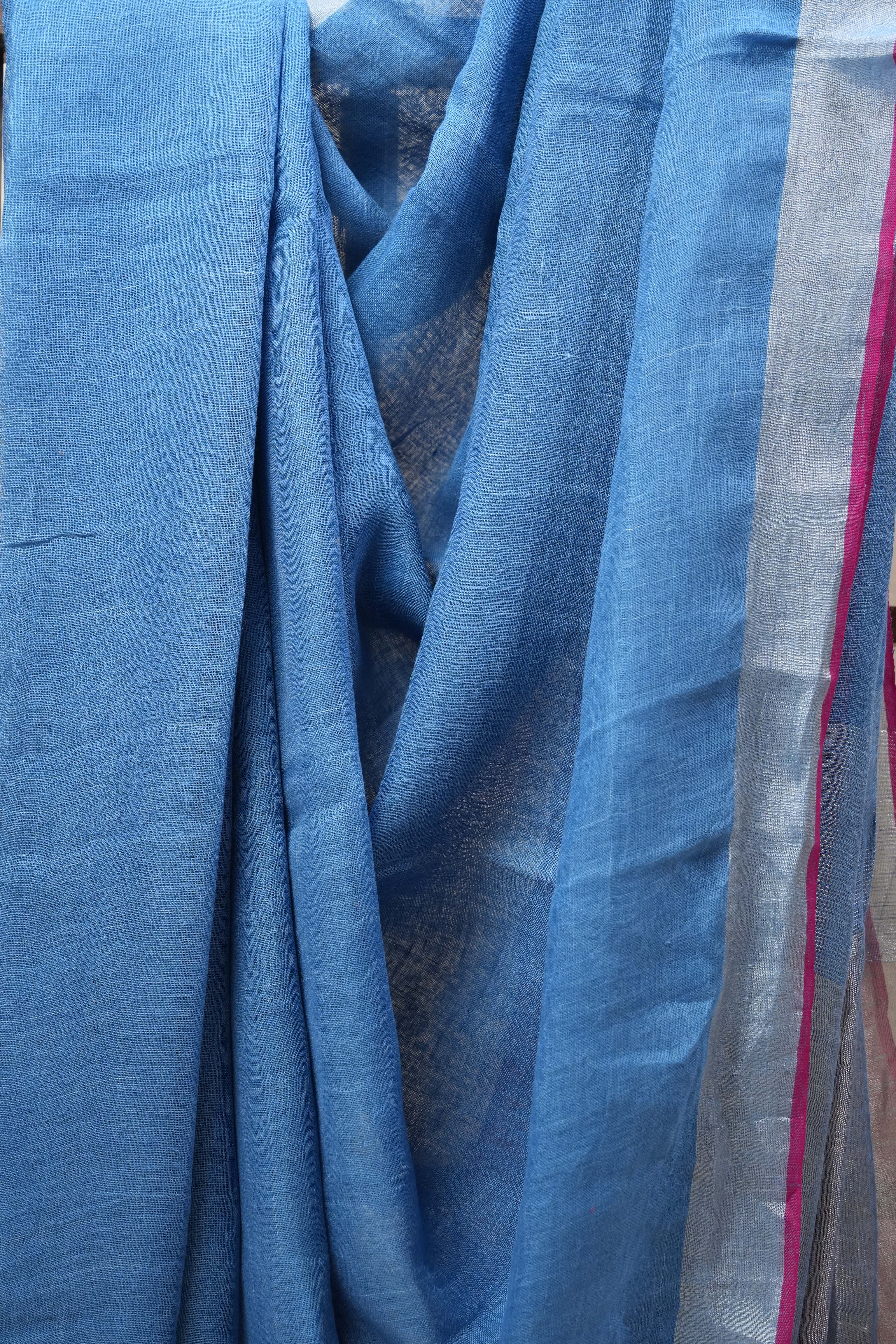 Blue Plain Linen Saree With Pink Tassels - SRBPLS320