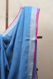 Blue Plain Linen Saree With Pink Tassels - SRBPLS320