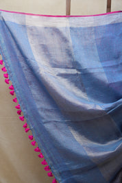 Blue Plain Linen Saree With Pink Tassels - SRBPLS320