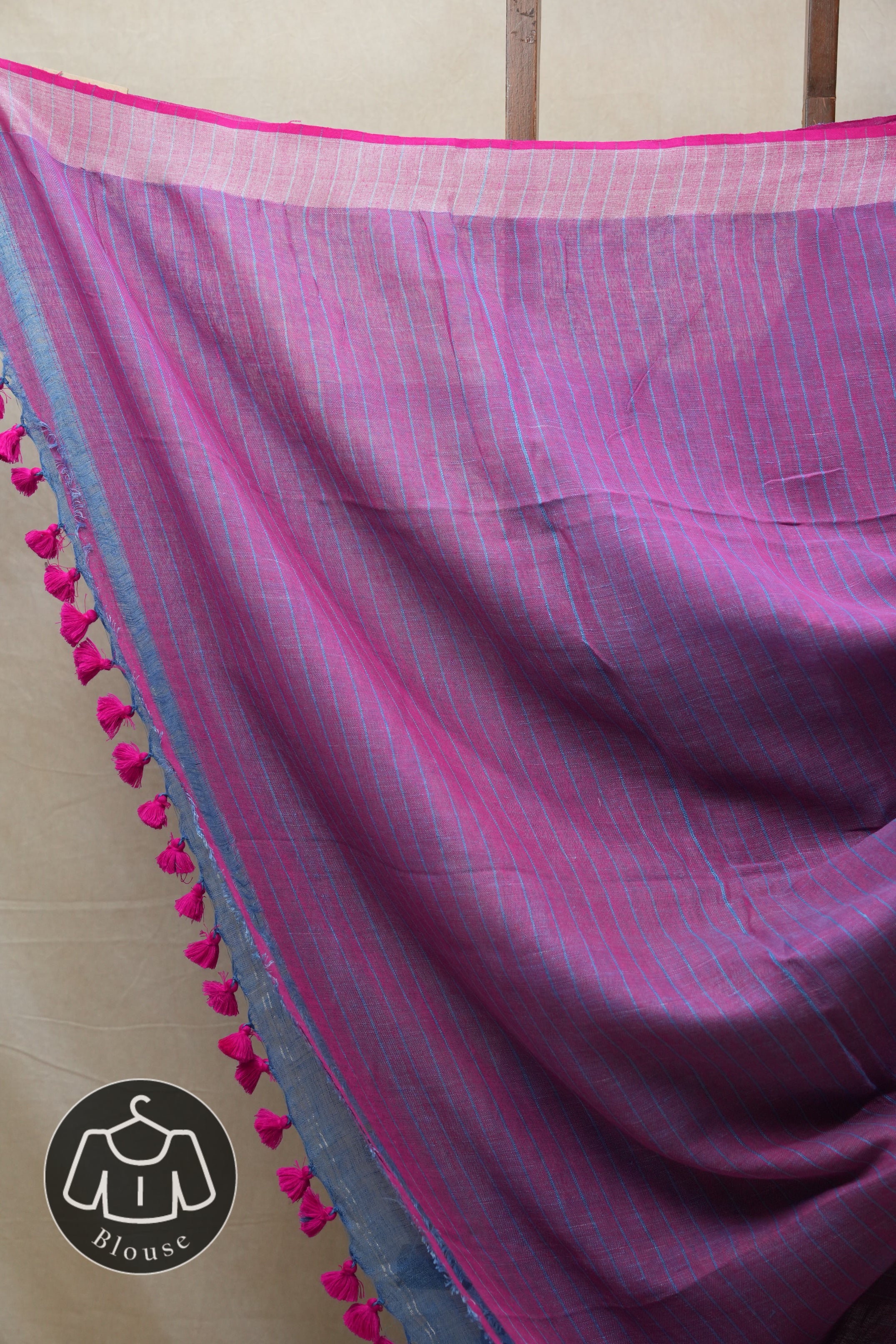 Blue Plain Linen Saree With Pink Tassels - SRBPLS320
