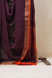 Magenta Plain Linen Saree With Orange Tassels - SRMPLS319